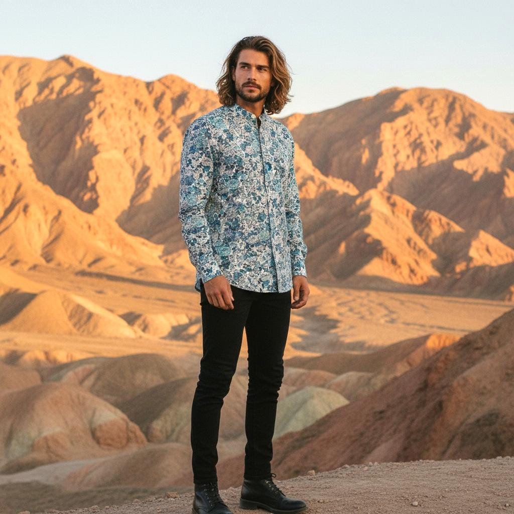 Liberty Print Fabric Long Sleeve Men Shirt: Mandarin Collar Button Up, Botanical Floral Cotton