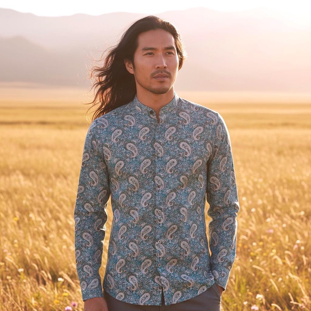 Paisley Liberty London Long Sleeve Men Shirt: Mandarin Collar Button Up, Botanical Floral Cotton