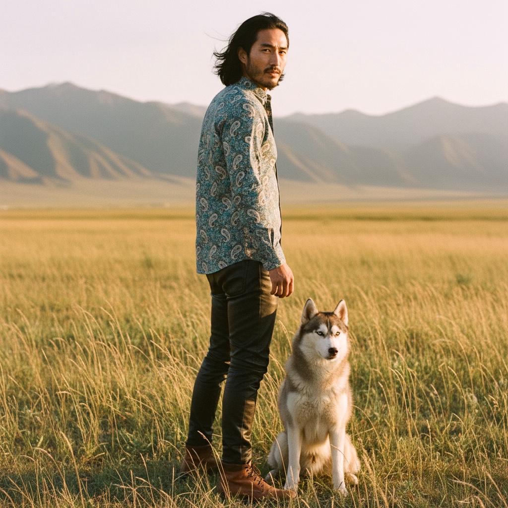 Paisley Liberty London Long Sleeve Men Shirt: Mandarin Collar Button Up, Botanical Floral Cotton