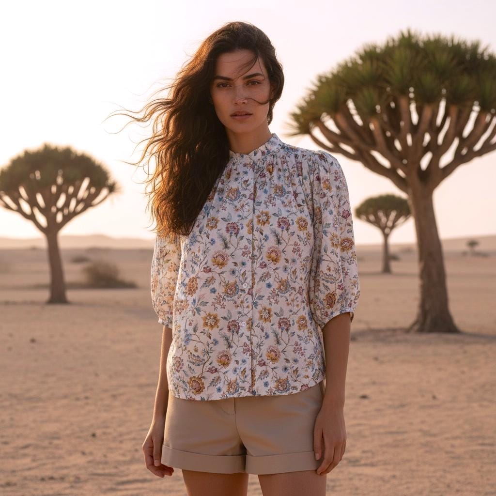 Liberty Print Gather Blouse Mandarin Collar 3/4 Sleeve