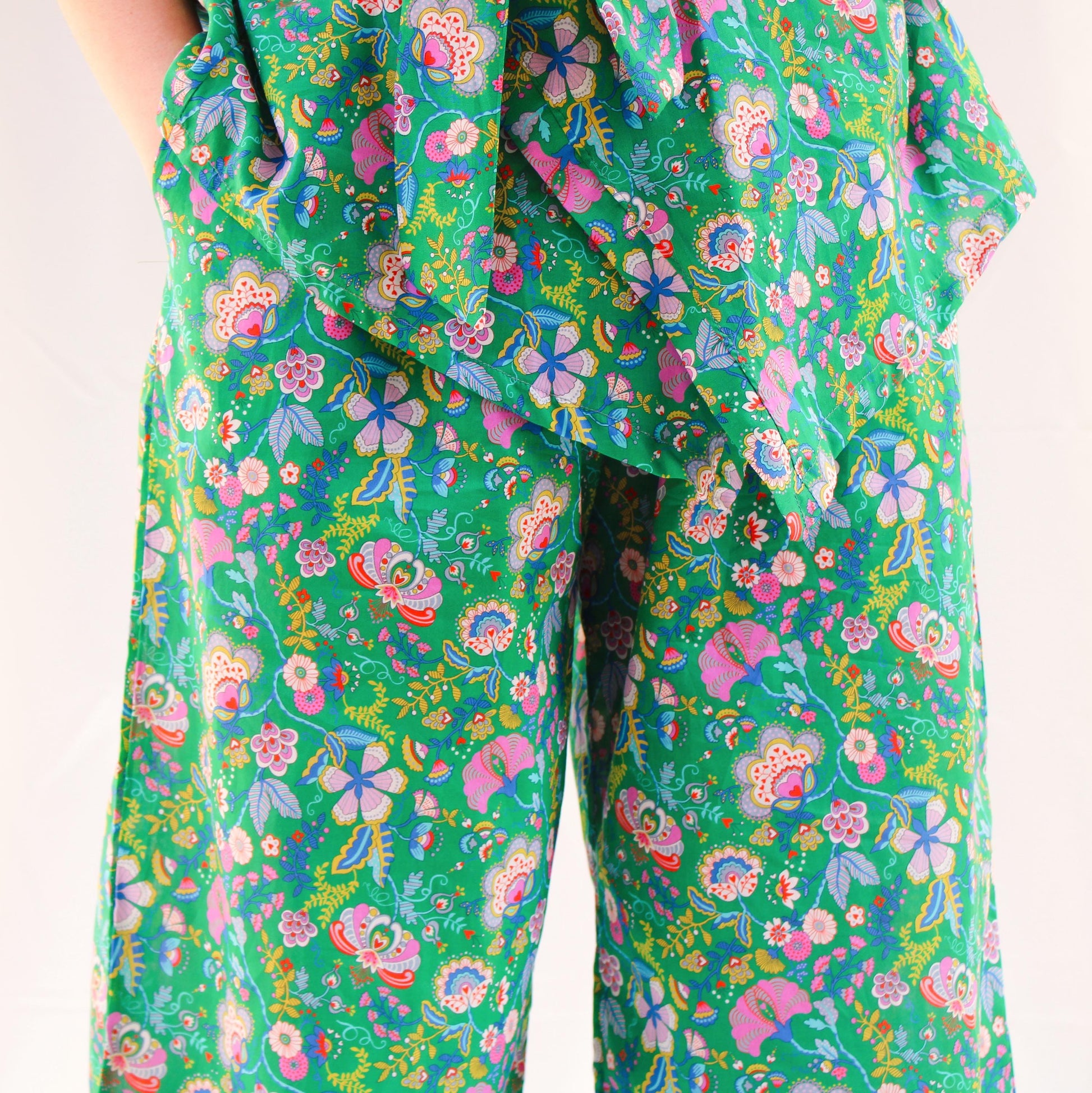 Liberty London Kimono Set: Cotton Tana Lawn Blouse, Botanical Wide Leg Palazzo Pants