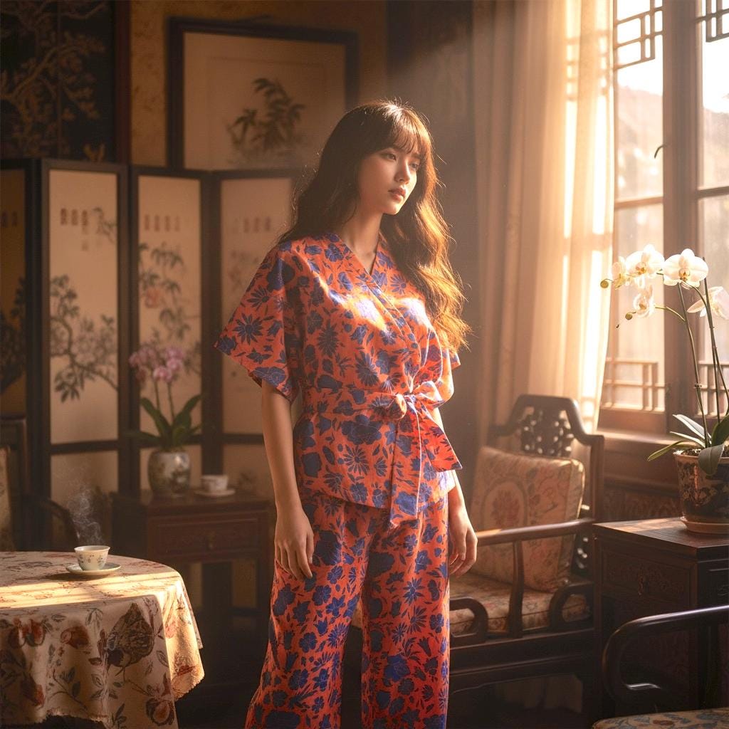 Liberty London Kimono Set: Cotton Tana Lawn Blouse, Botanical Wide Leg Palazzo Pants