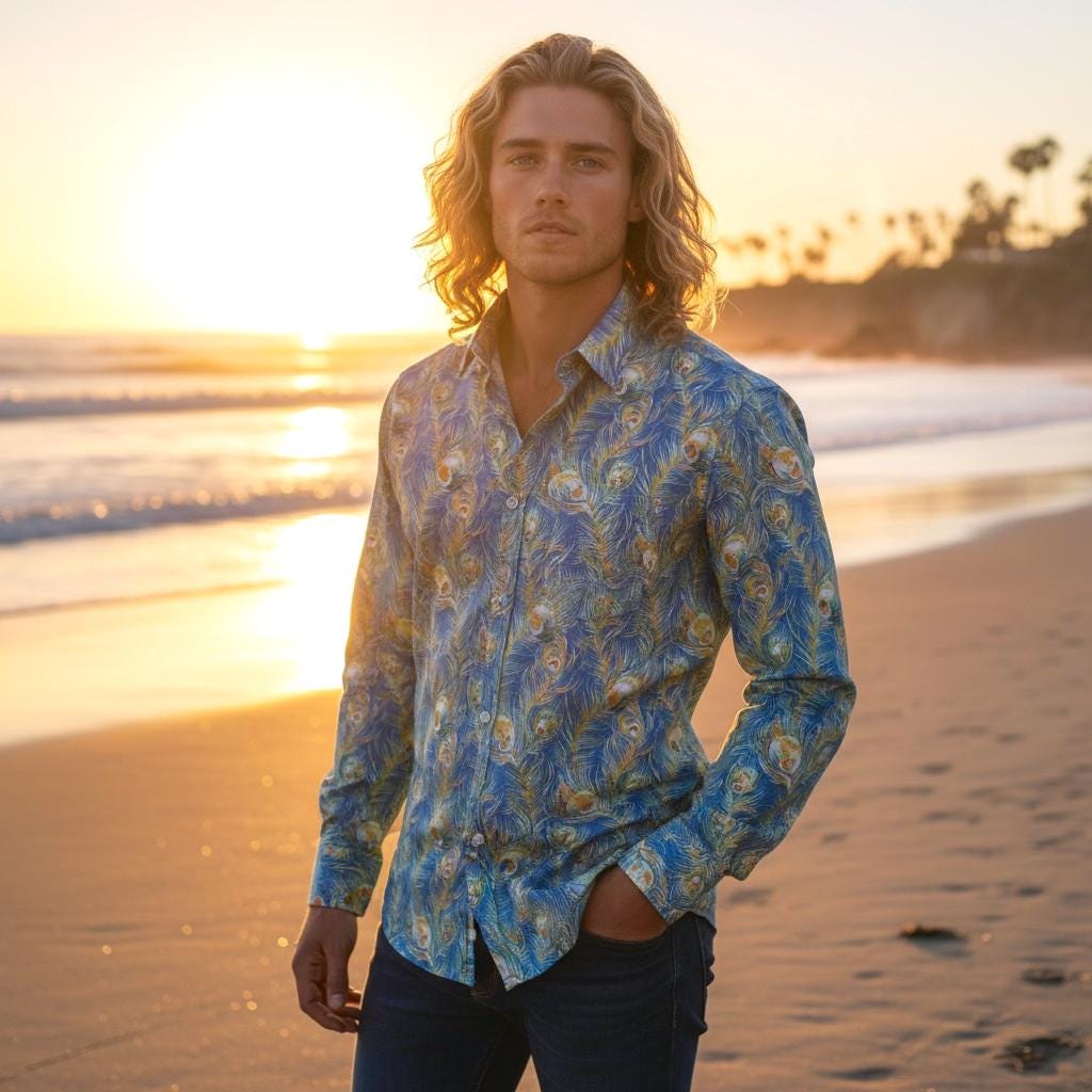 Liberty London Men Long Sleeve Button Up Shirt: Botanical Floral Print Cotton Fabric