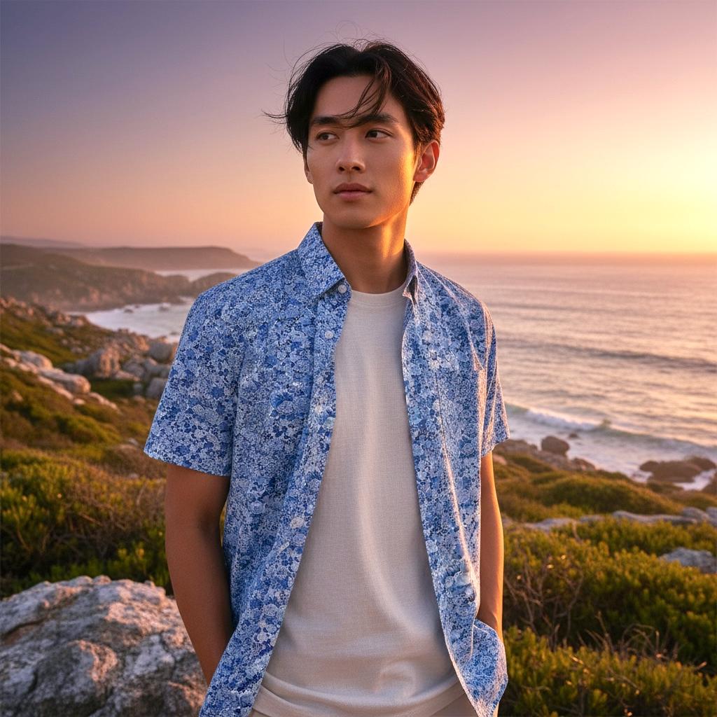 Liberty Fabric Short Sleeve Men Shirt: Floral Print, Casual Loose Fit Button Up Shirt