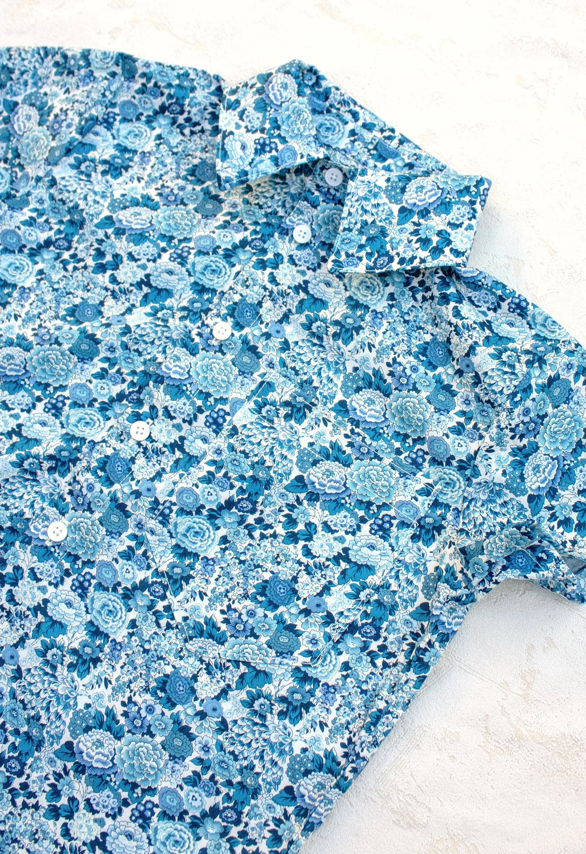 Liberty Fabric Short Sleeve Men Shirt: Floral Print, Casual Loose Fit Button Up Shirt