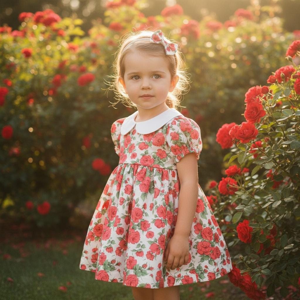Peter Pan Collar Liberty London Rose Baby Girl Dress: Balloon Sleeves, Ditsy Floral Print