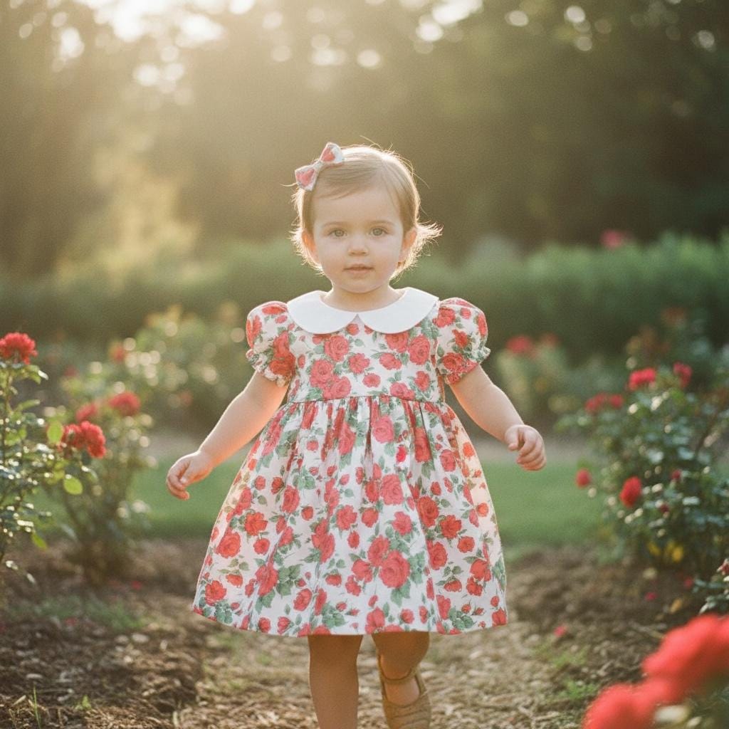 Peter Pan Collar Liberty London Rose Baby Girl Dress: Balloon Sleeves, Ditsy Floral Print