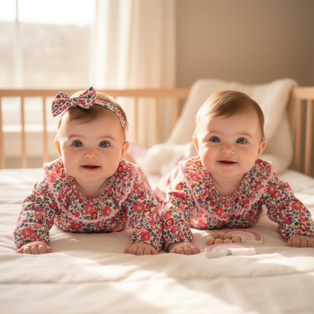 TWINS Liberty London Long Sleeve Baby Romper: Floral Print Cotton Bubble, Ruffle Collar Playsuit