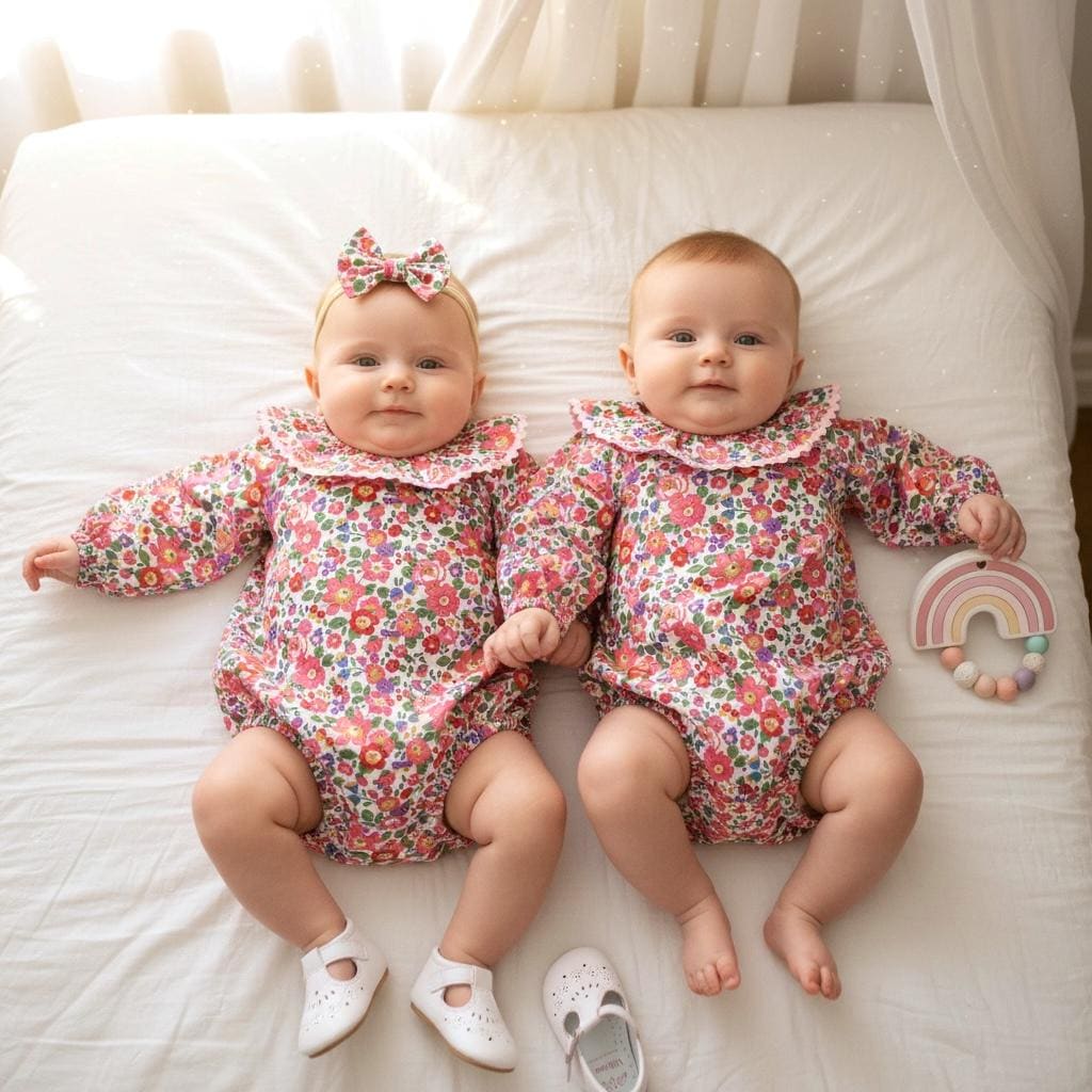 TWINS Liberty London Long Sleeve Baby Romper: Floral Print Cotton Bubble, Ruffle Collar Playsuit