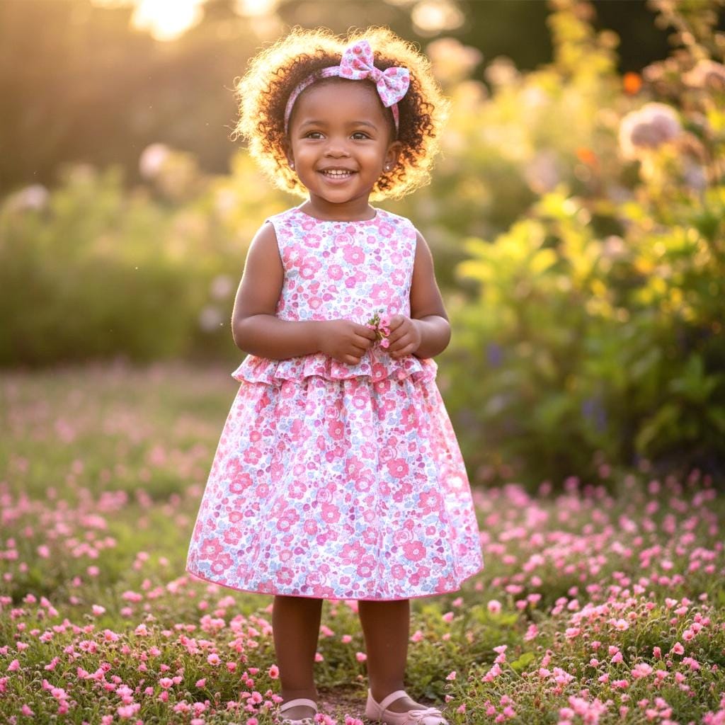 Summer Pink Liberty Sun Dress: Ditsy Floral Cotton, Pretty Ruffle Waist Sleeveless