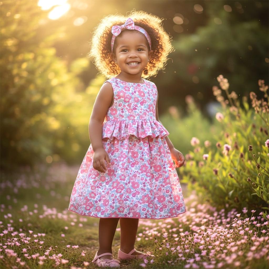 Summer Pink Liberty Sun Dress: Ditsy Floral Cotton, Pretty Ruffle Waist Sleeveless