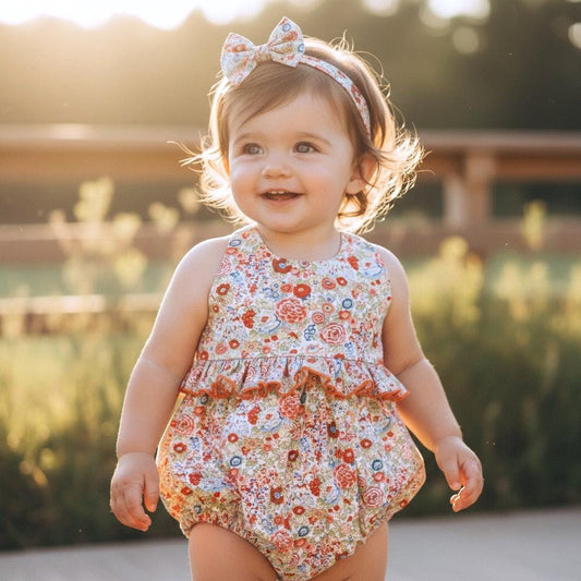 Liberty London Baby Bubble Romper Sunsuit: Sleeveless Onesie, Ditsy Floral Cotton Print