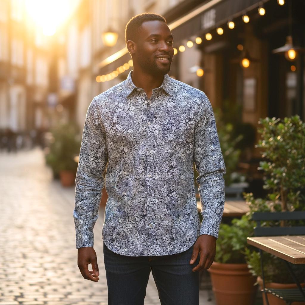 Liberty London Men Long Sleeve Button Up Shirt: Botanical Floral Print Cotton Fabric