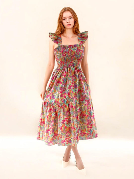 Liberty London Floral Print Smock Dress: Shirred Sleeveless Midi Dress, Ruffle Strap
