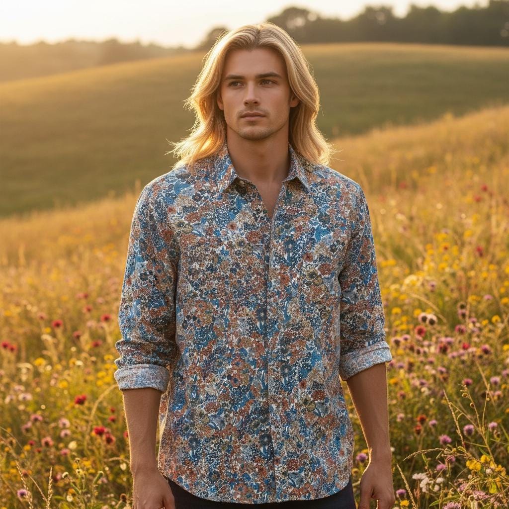 Liberty London Men Long Sleeve Button Up Shirt: Botanical Floral Print Cotton Fabric