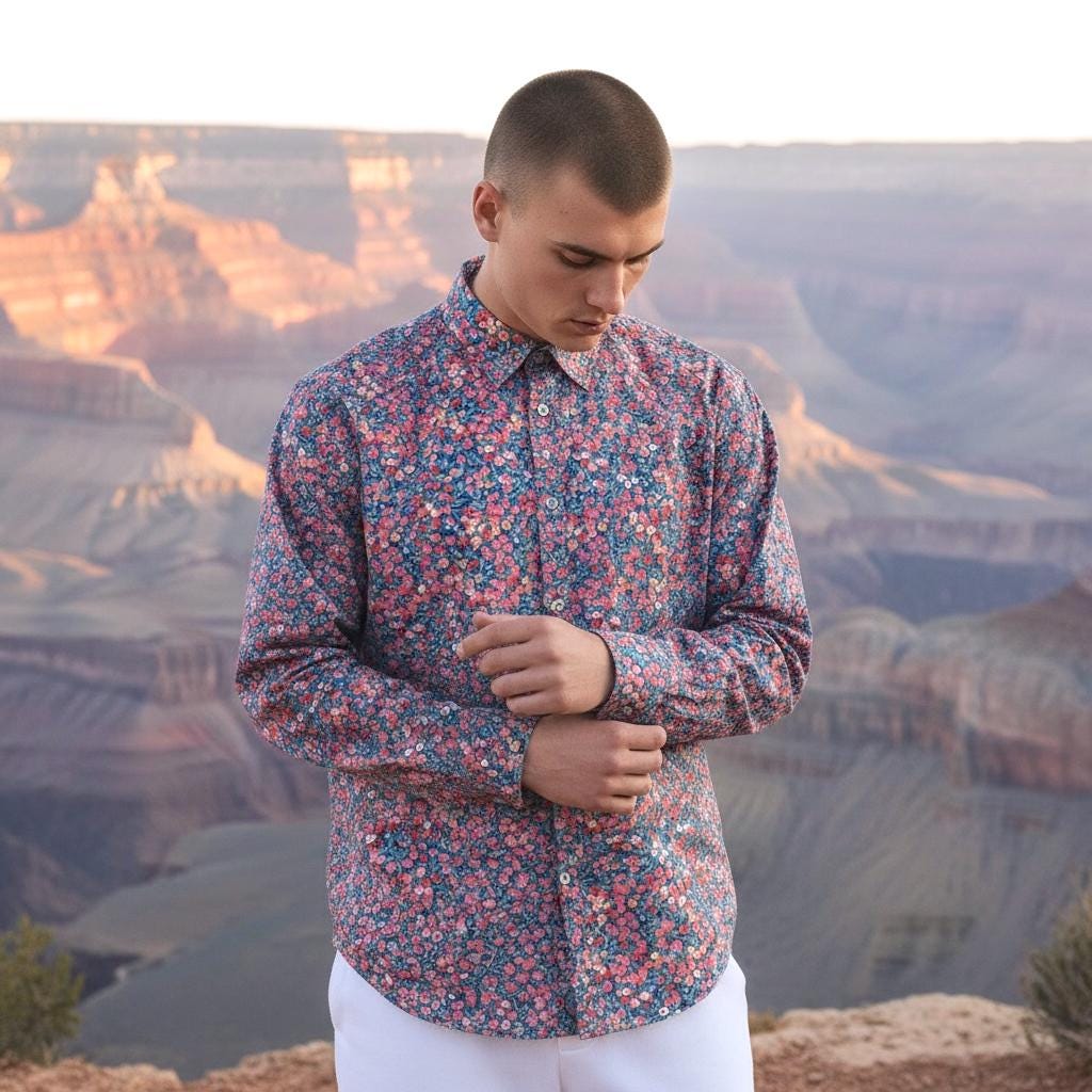 Wiltshire Liberty London Men Long Sleeve Button Up Shirt: Botanical Floral Print Cotton Fabric