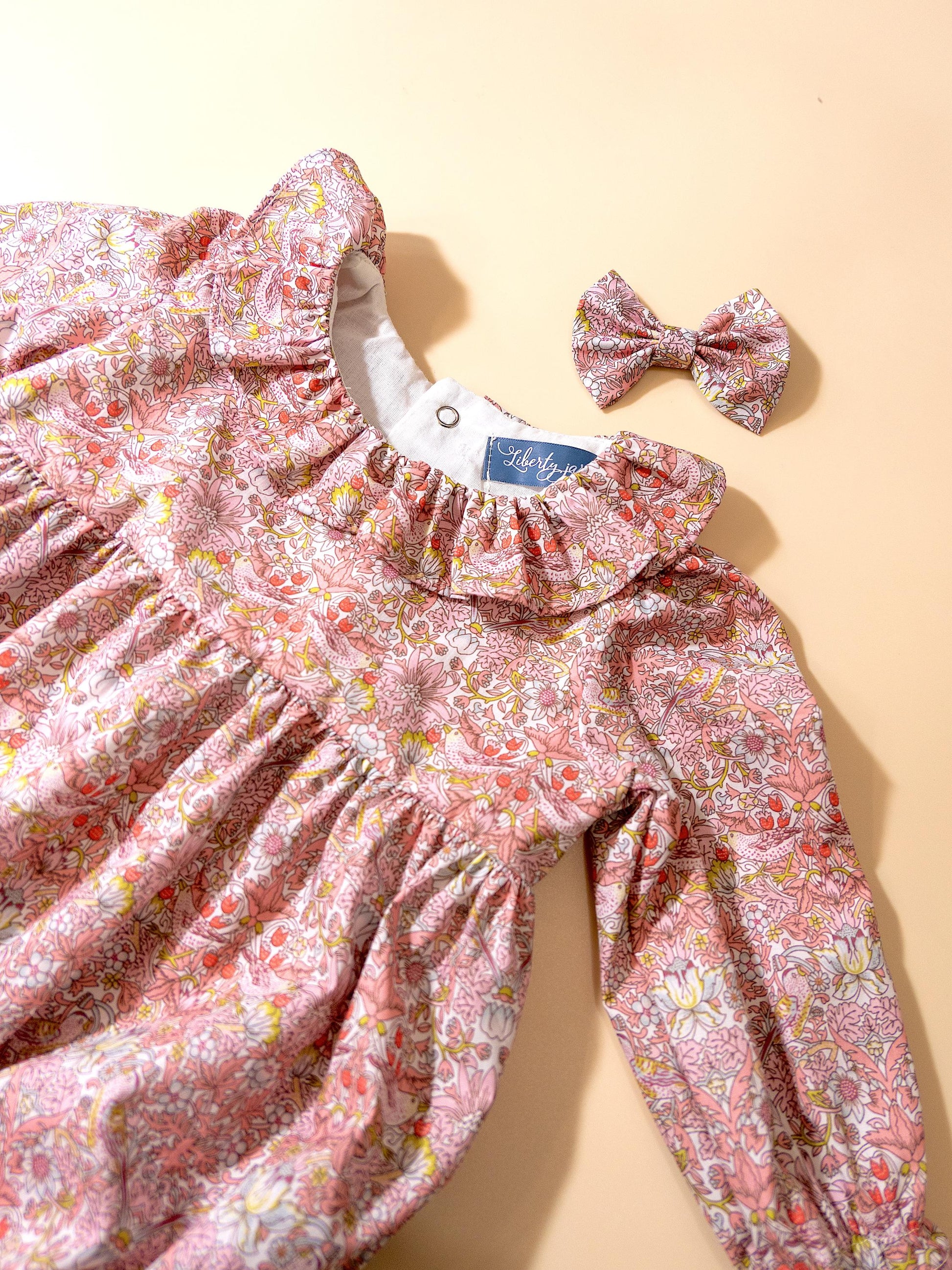 Long Sleeve Liberty London Strawberry Thief Baby Overalls: Cotton Dungarees, Ruffle Pierrot Collar