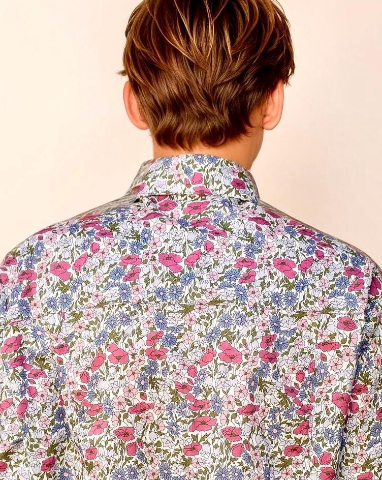 Liberty London Men Long Sleeve Button Up Shirt: Botanical Floral Print Cotton Fabric