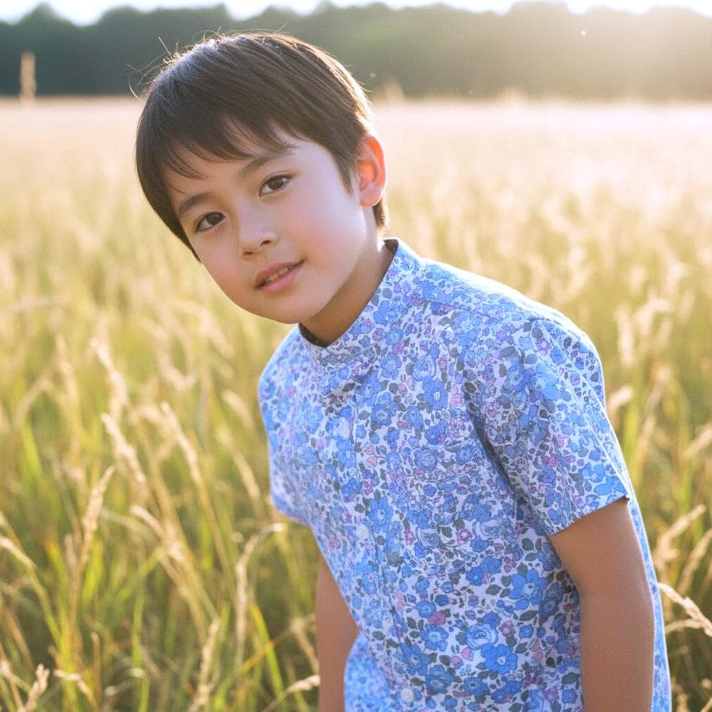 Mao Collar Liberty London Fabric Short Sleeve Boy Shirt: Button Up, Botanical Floral Print