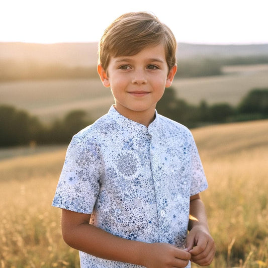 Mao Collar Liberty London Fabric Short Sleeve Boy Shirt: Button Up, Botanical Floral Print