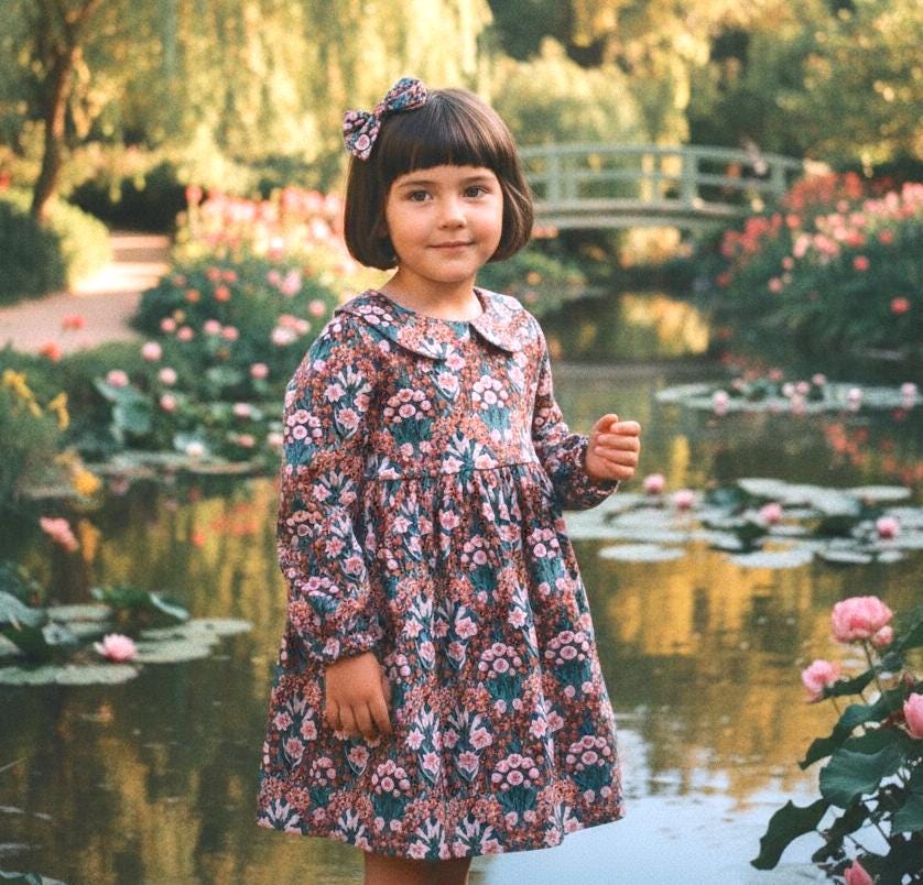 Long Sleeve Liberty Floral Print Girl Dress: Peter Pan Collar, Ditsy Botanical Cotton Print