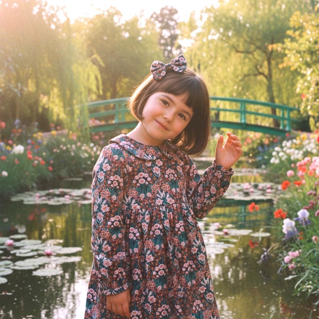 Long Sleeve Liberty Floral Print Girl Dress: Peter Pan Collar, Ditsy Botanical Cotton Print