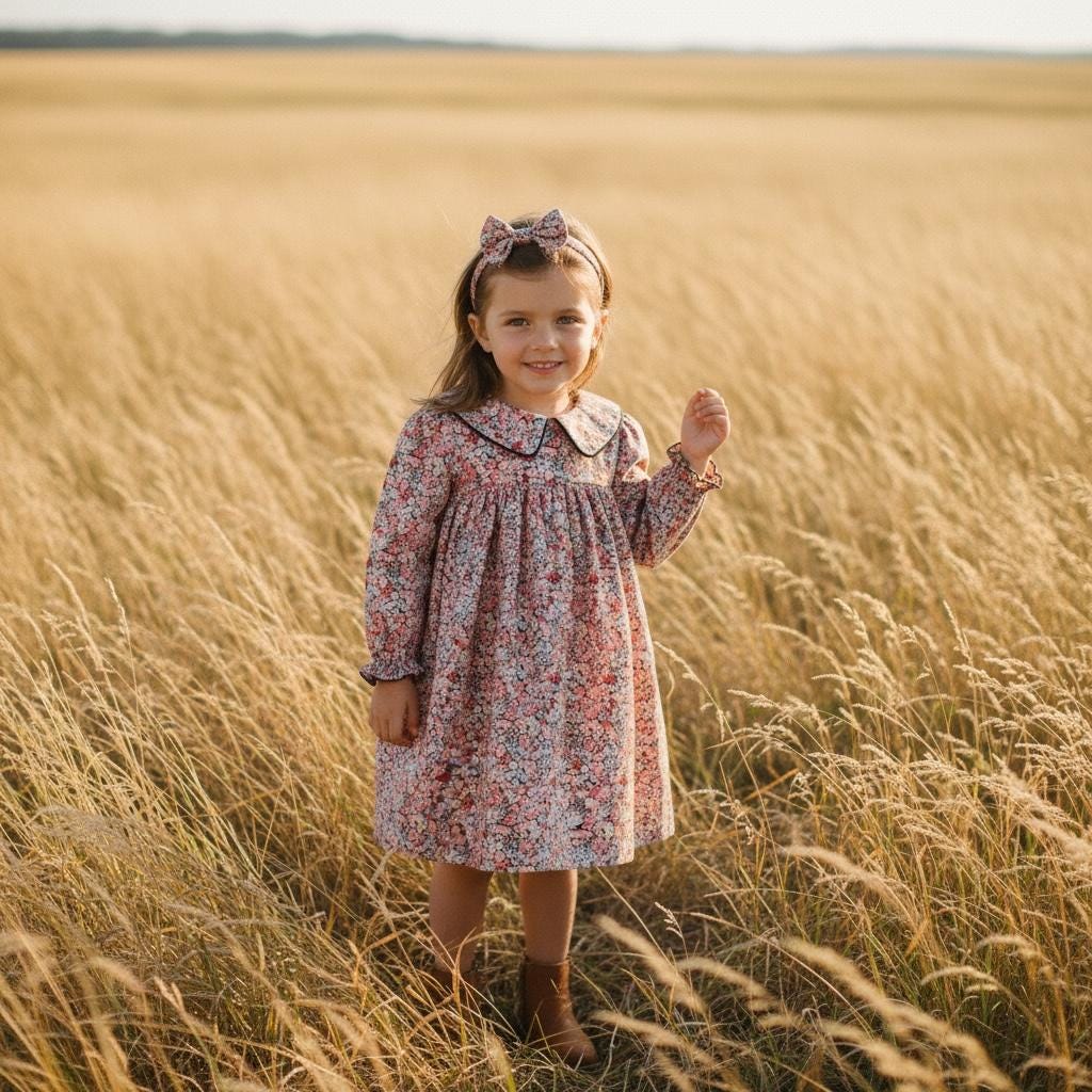Peter Pan Collar Long Sleeve Liberty Floral Print Girl Dress: Cotton Tana Lawn