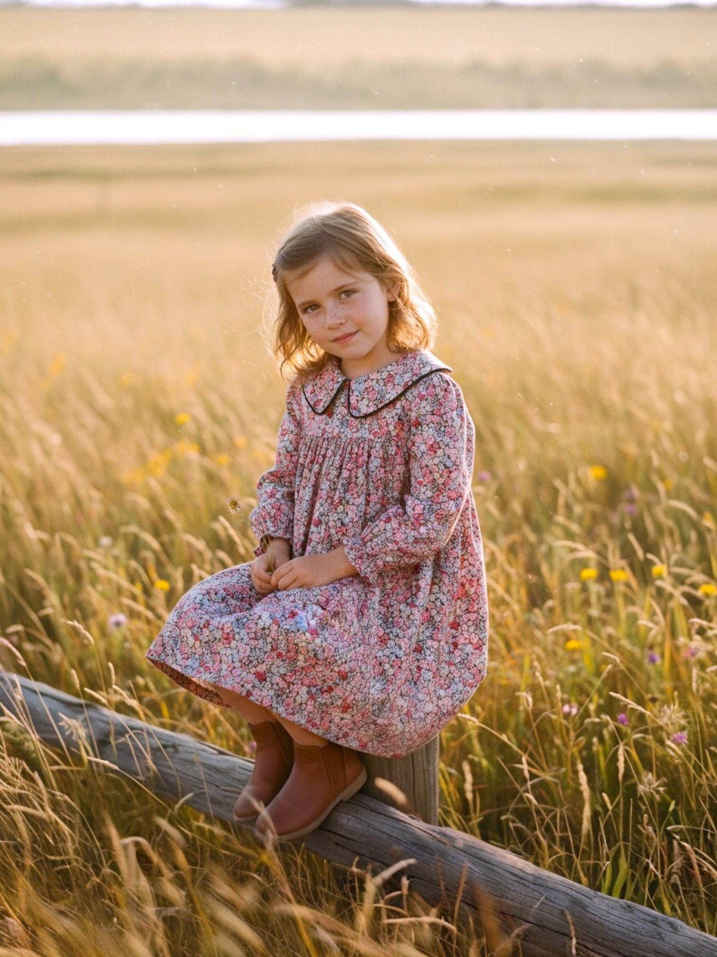 Peter Pan Collar Long Sleeve Liberty Floral Print Girl Dress: Cotton Tana Lawn