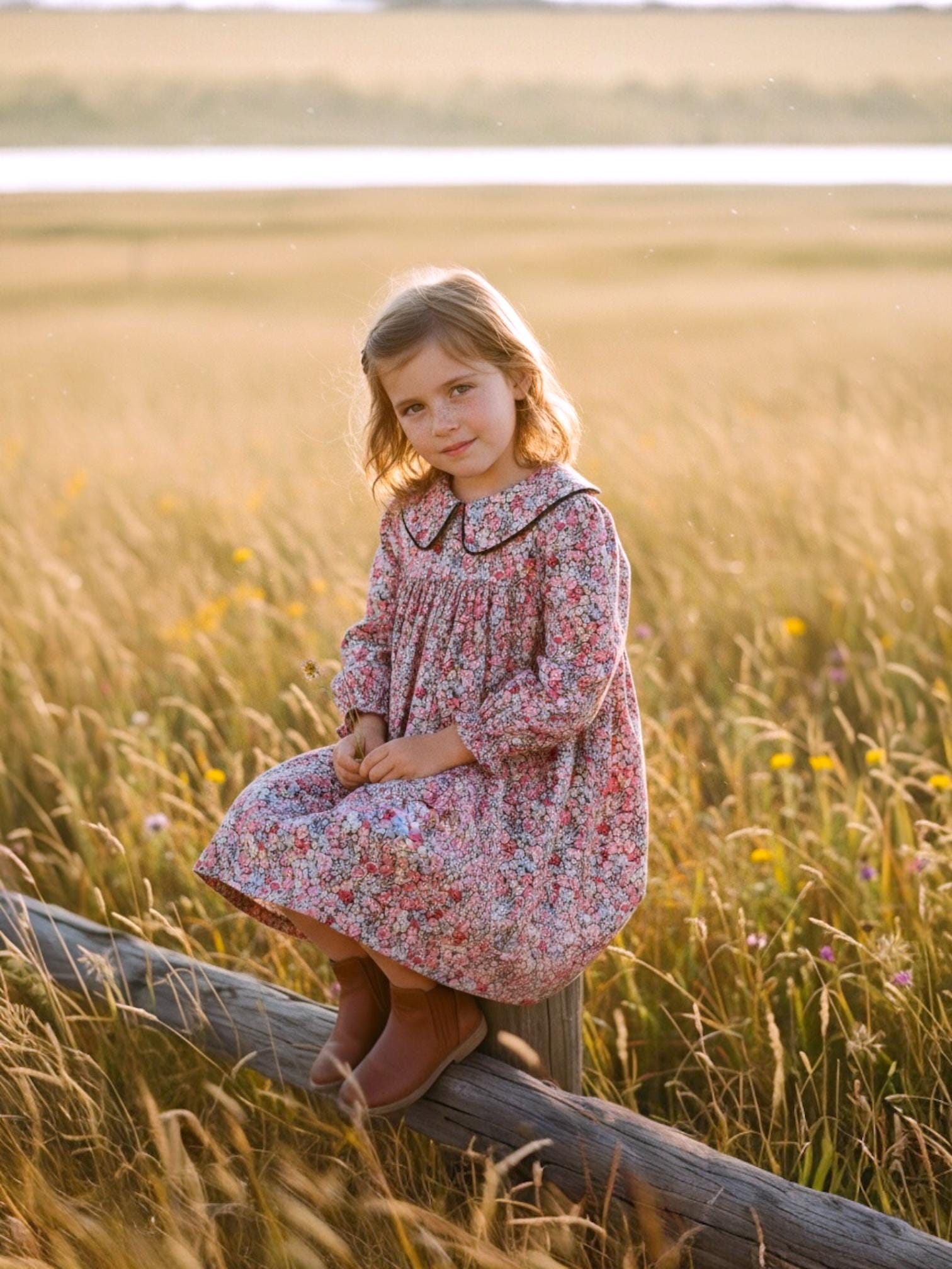 Peter Pan Collar Long Sleeve Liberty Floral Print Girl Dress: Cotton Tana Lawn