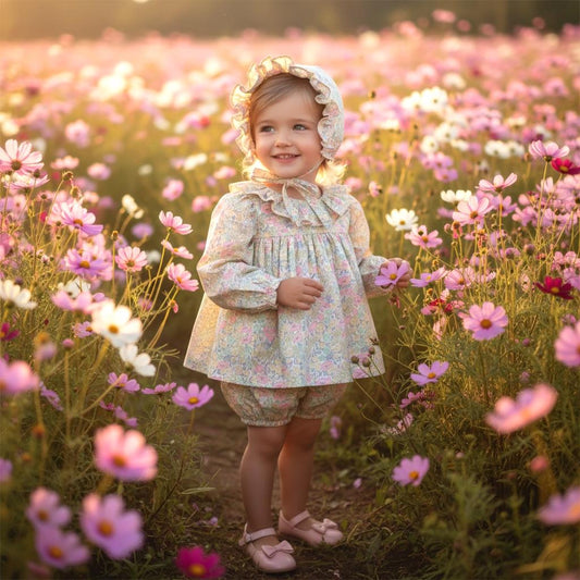 May include: A young child wearing a floral print dress, bloomers, bonnet, and pink shoes stands in a field of pink and white cosmos flowers. The dress has long sleeves and a ruffled collar. The child is smiling and holding a flower.