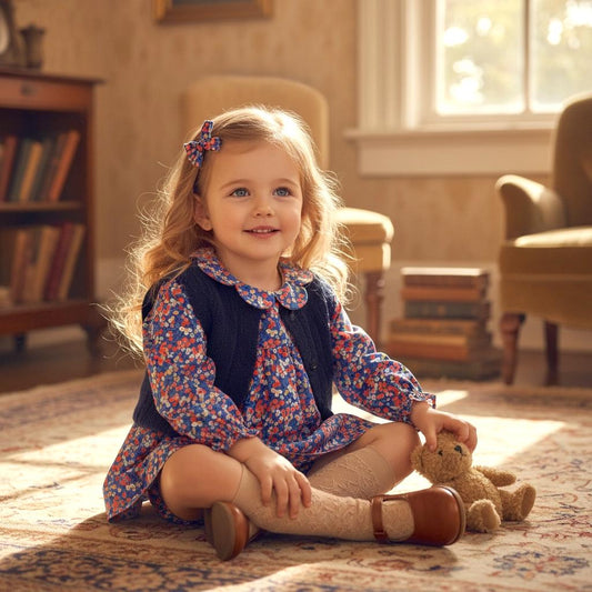 May include: A young child sits on a patterned rug, wearing a floral print dress with a navy blue sweater and brown shoes. A teddy bear is held in the child's hands. A bow is in the child's hair. The room has a warm, inviting atmosphere.