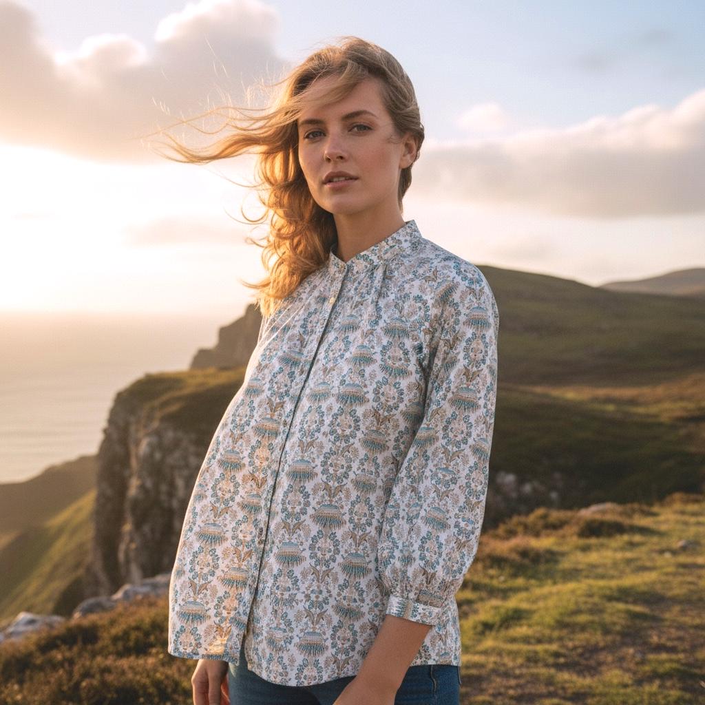 Mandarin Collar Liberty Floral Print Top: 3/4 Sleeves, Loose Fit Ditsy Botanical Gather Blouse