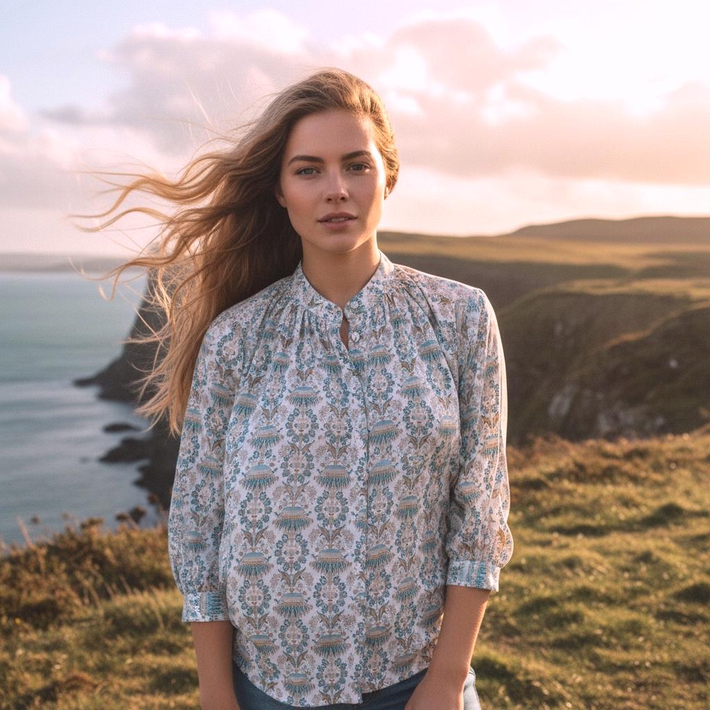 Mandarin Collar Liberty Floral Print Top: 3/4 Sleeves, Loose Fit Ditsy Botanical Gather Blouse