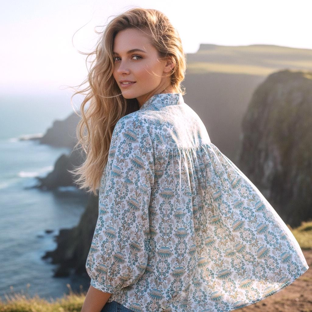 Mandarin Collar Liberty Floral Print Top: 3/4 Sleeves, Loose Fit Ditsy Botanical Gather Blouse