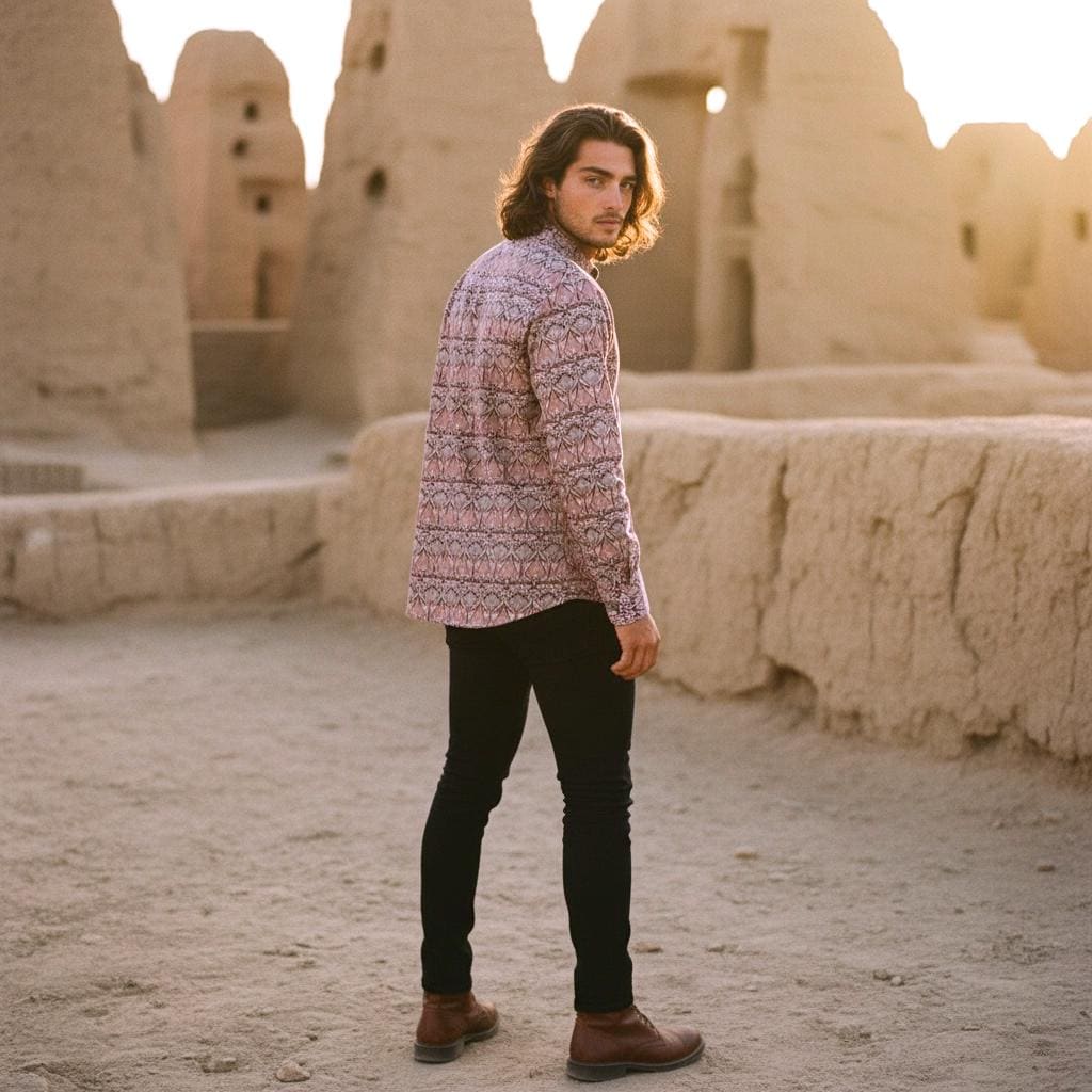 Mandarin Collar Liberty Print Men Shirt: Long Sleeve Button Up, Botanical Floral Cotton Fabric