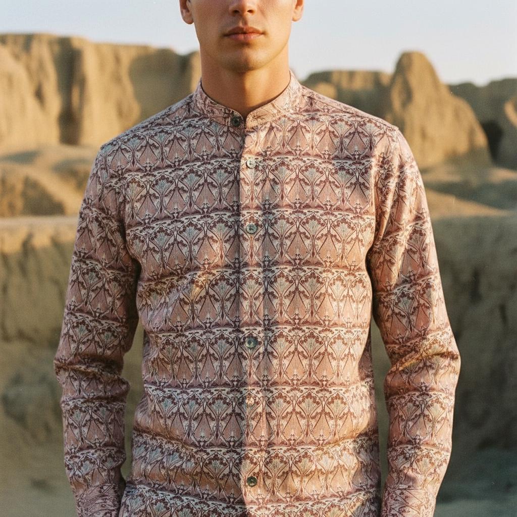 Mandarin Collar Liberty Print Men Shirt: Long Sleeve Button Up, Botanical Floral Cotton Fabric