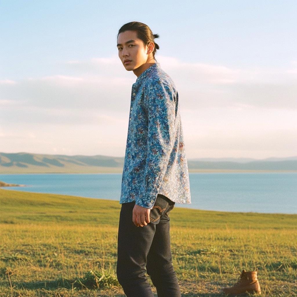 Liberty Print Men's Shirt, Mandarin Collar, Floral Tana Lawn Cotton