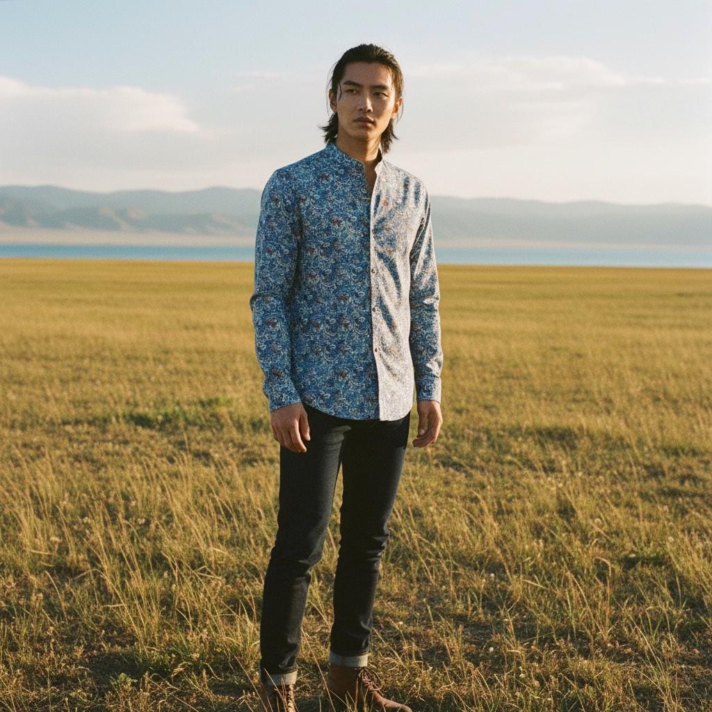 Liberty Print Men's Shirt, Mandarin Collar, Floral Tana Lawn Cotton