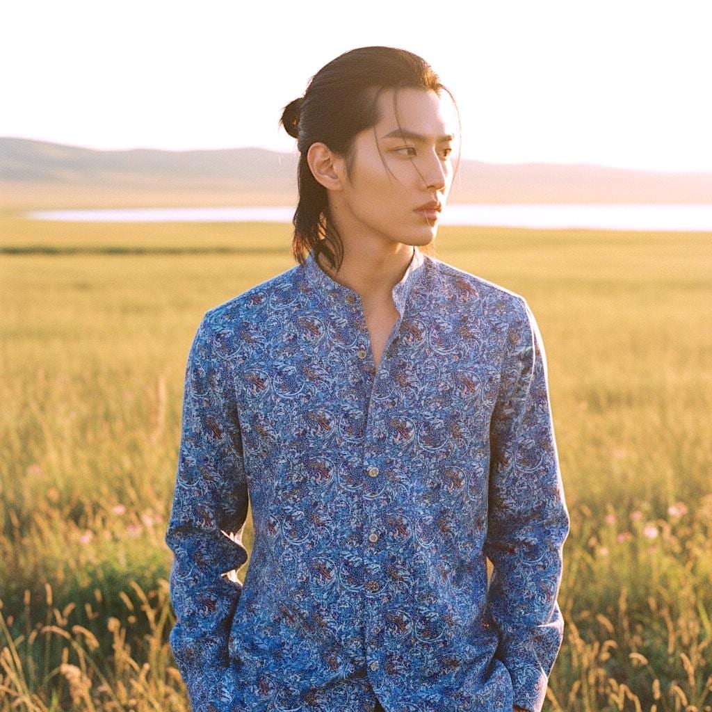 Liberty Print Men's Shirt, Mandarin Collar, Floral Tana Lawn Cotton