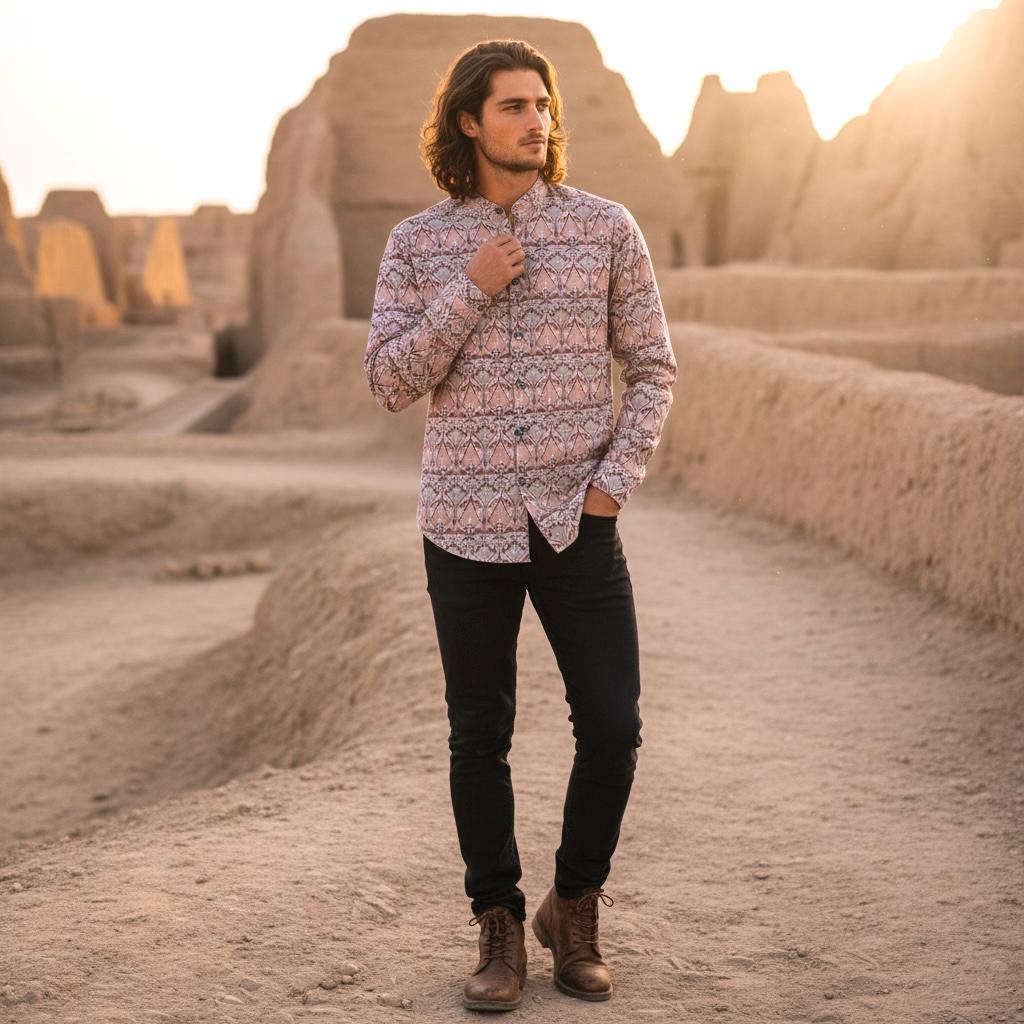 Mandarin Collar Liberty Print Men Shirt: Long Sleeve Button Up, Botanical Floral Cotton Fabric