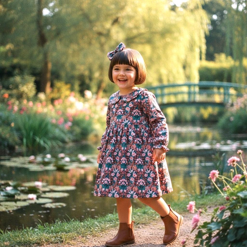 Long Sleeve Liberty Floral Print Girl Dress: Peter Pan Collar, Ditsy Botanical Cotton Print