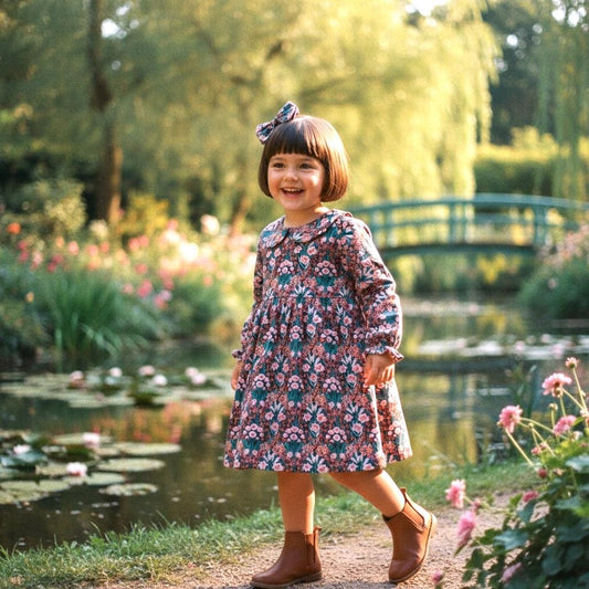 Long Sleeve Liberty Floral Print Girl Dress: Peter Pan Collar, Ditsy Botanical Cotton Print