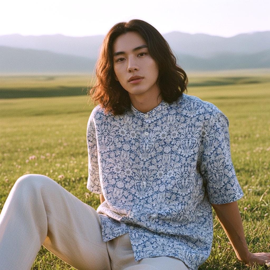 Liberty London Short Sleeve Men Button Up Shirt, Mandarin Collar Casual Floral Print Chemise