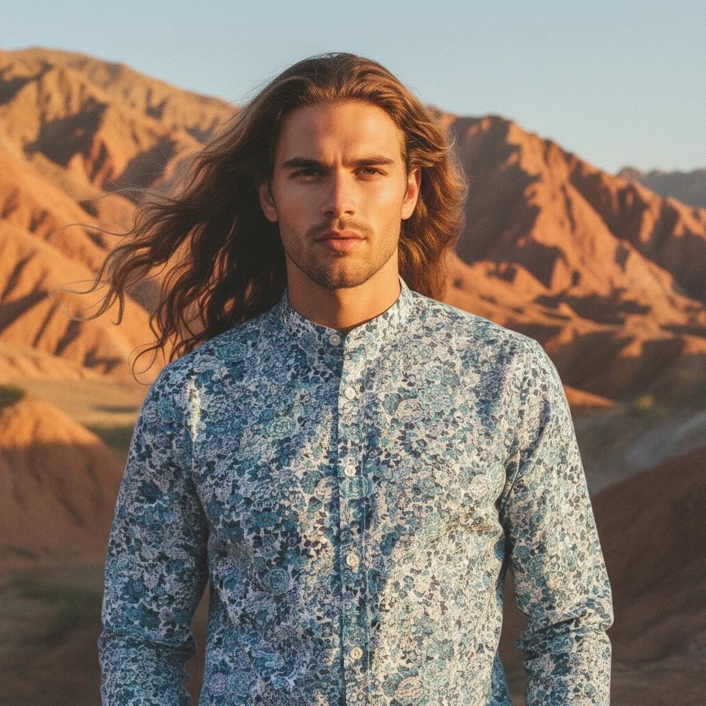 Liberty Print Fabric Long Sleeve Men Shirt: Mandarin Collar Button Up, Botanical Floral Cotton