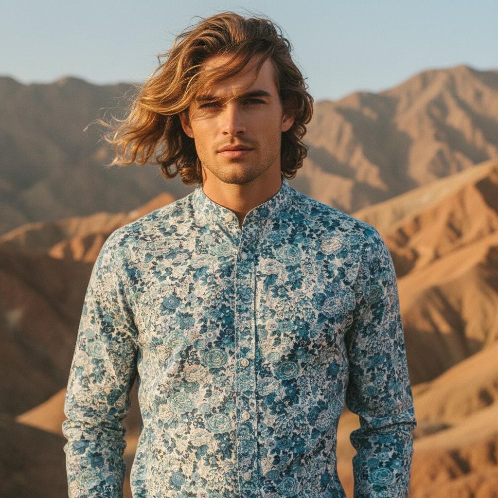 Liberty Print Fabric Long Sleeve Men Shirt: Mandarin Collar Button Up, Botanical Floral Cotton