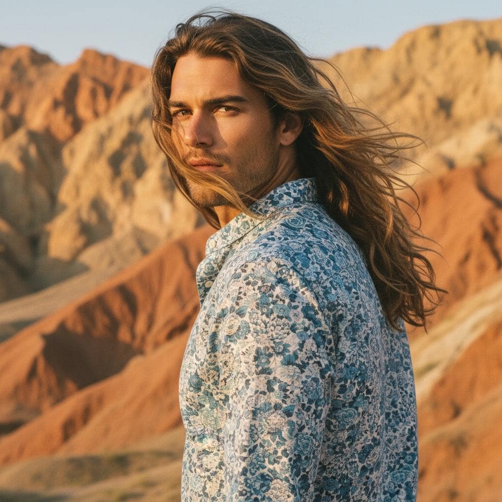 Liberty Print Fabric Long Sleeve Men Shirt: Mandarin Collar Button Up, Botanical Floral Cotton