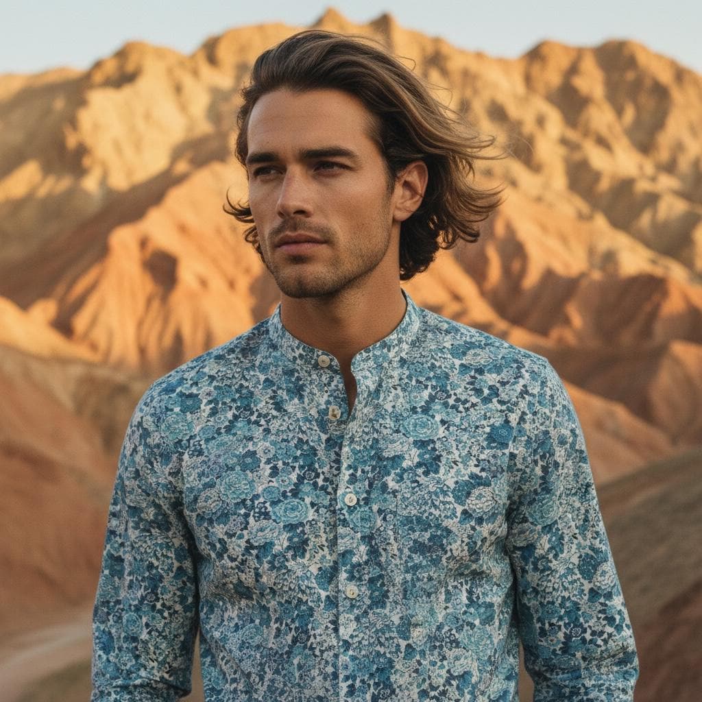 Liberty Print Fabric Long Sleeve Men Shirt: Mandarin Collar Button Up, Botanical Floral Cotton