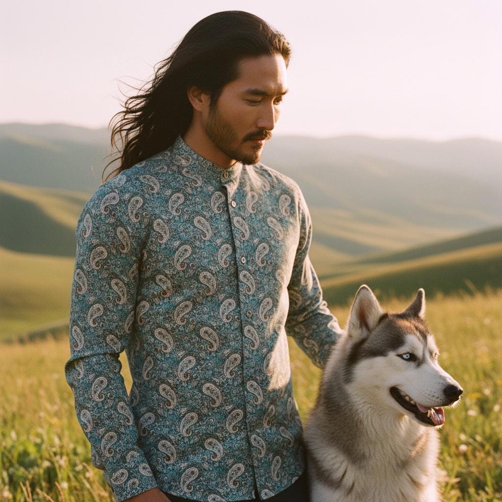 Paisley Liberty London Long Sleeve Men Shirt: Mandarin Collar Button Up, Botanical Floral Cotton