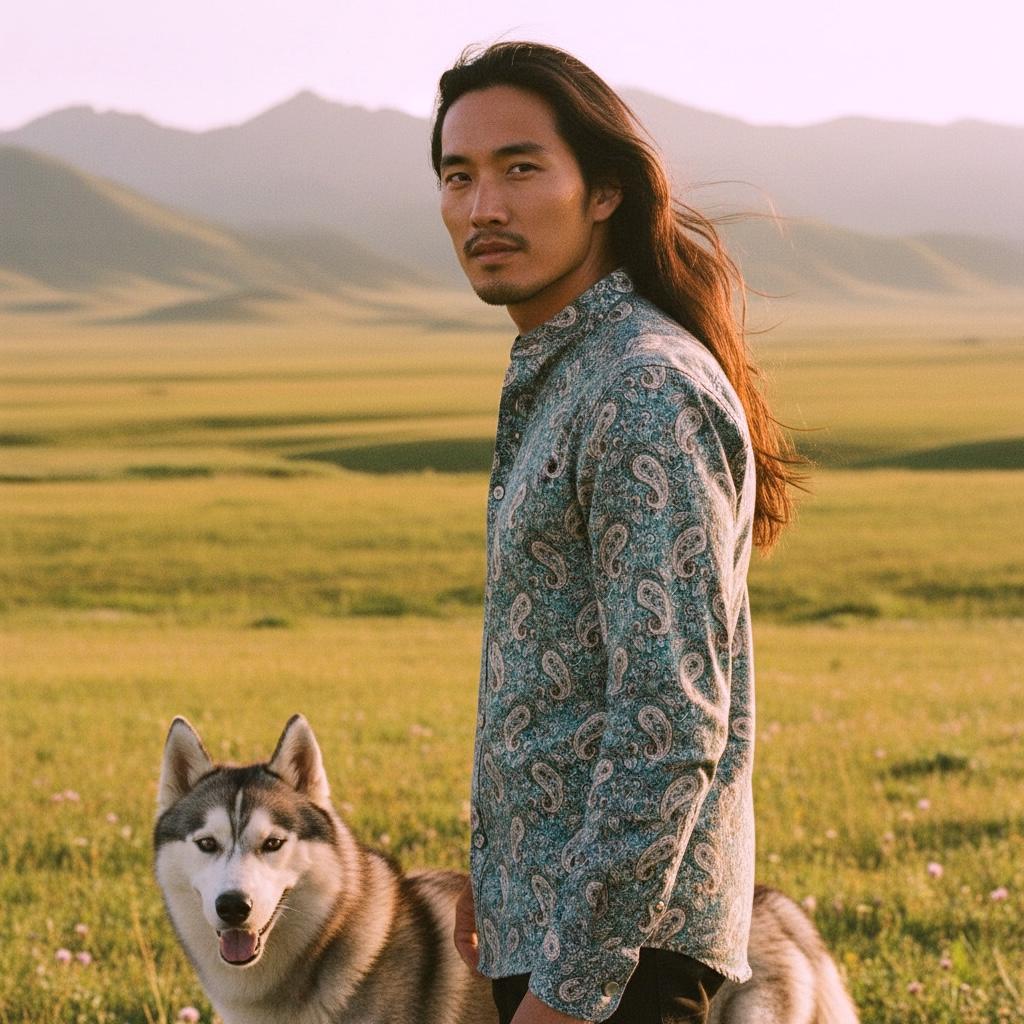 Paisley Liberty London Long Sleeve Men Shirt: Mandarin Collar Button Up, Botanical Floral Cotton