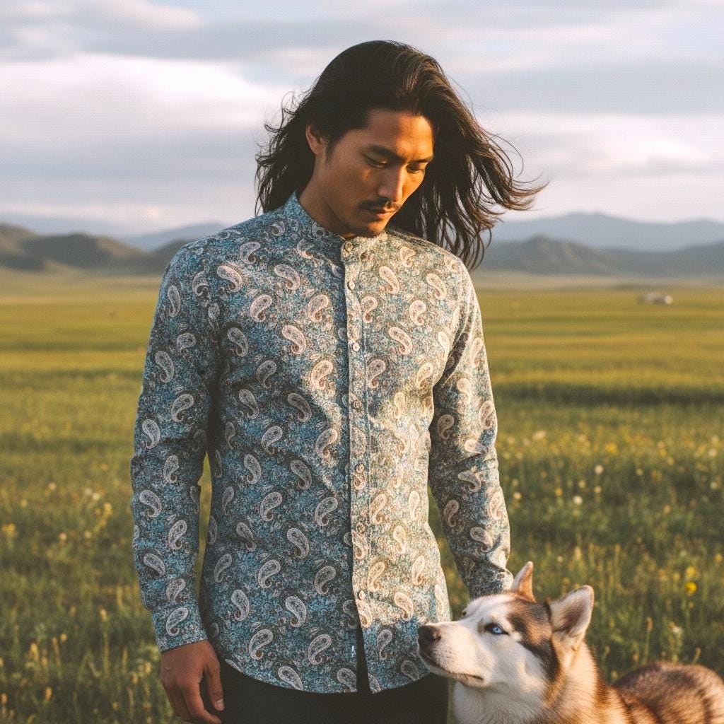 Paisley Liberty London Long Sleeve Men Shirt: Mandarin Collar Button Up, Botanical Floral Cotton